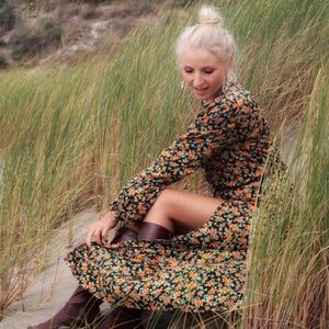 Boho Maxi Dress Floral, Long sleeve Fall Dress, V-Neck Cottagecore Prairie Dress, Bohemian autumn dress Flowers, High Slit Every Day Dress