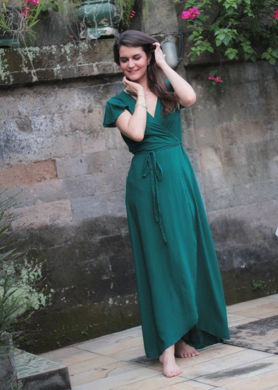 Maxi Wrap Dress Bottle Green, Elegant Dress Long, Bridesmaid Dress, Boho Summer Dress, Boho Wedding Guest Dress, Evening Dress Asymmetrical
