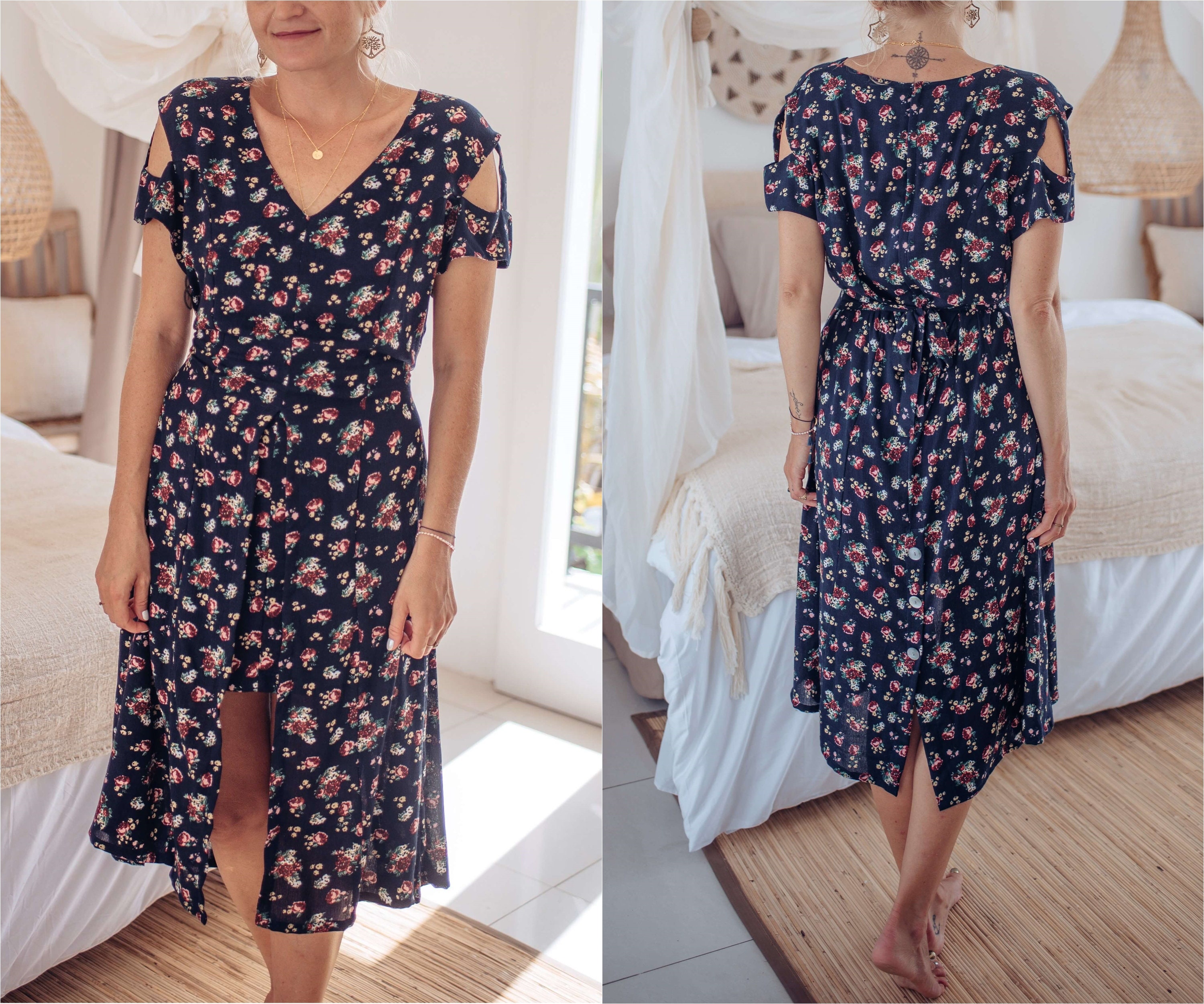 Cut-out Midi Dress Dark Blue Rose Pattern. Floral Summer Dress - Etsy