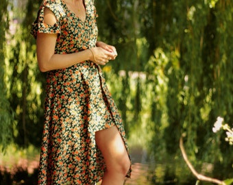 Boho summer dress midi cut outs flower print. Ibiza Dress Asymmetrical. Hippie Chic Dress Front Short Back long. floral dress