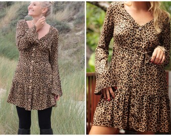 Long Sleeve Button Down Dress Short Leopard, 90s Babydoll Grunge Dress Animal Print, Tunic Dress Boho Hippie, Casual Dress Every Day