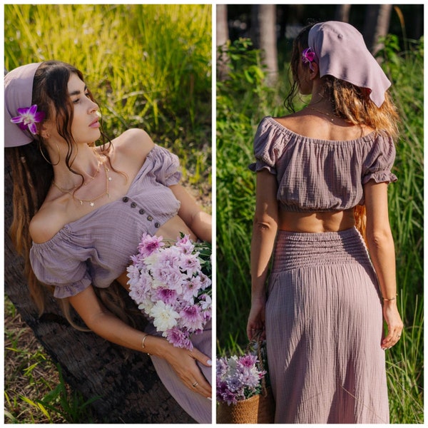 Boho Chic Bardot Crop Top Taupe Ibiza Style, Muslin Cotton Hippie Top, Beach Outfit, Festival Top Front Buttons Dusty Purple, Puff Sleeves