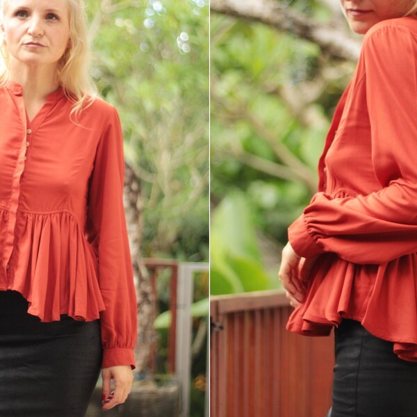 Peplum blouse longsleeve terracotta red- flounce hem blouse V-neck concealed button placket - ruffled shirt office every day Boho Hippie