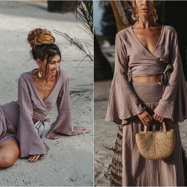 Boho Wrap Camicetta con Maniche Lunghe Tromba Mussola Cotone Tumble Hippie Top Estate Camicia a maniche lunghe Ibiza Festival Style Belly Free