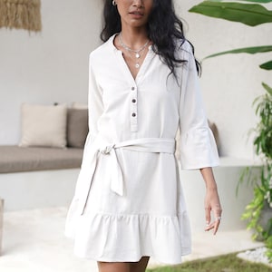 Loose Linen Dress, White linen dress, Linen Tunic Dress, Natural linen dress with Belt, Linen Summer Dress with Sleeves, Button Front Dress
