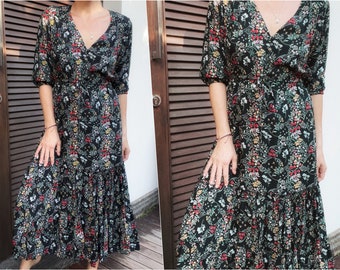 Black Boho Hippie Chic Dress Autumn Winter, Floral Midi Dress Long Sleeves, Casual Bohemian Office Dress, Retro 70s Style