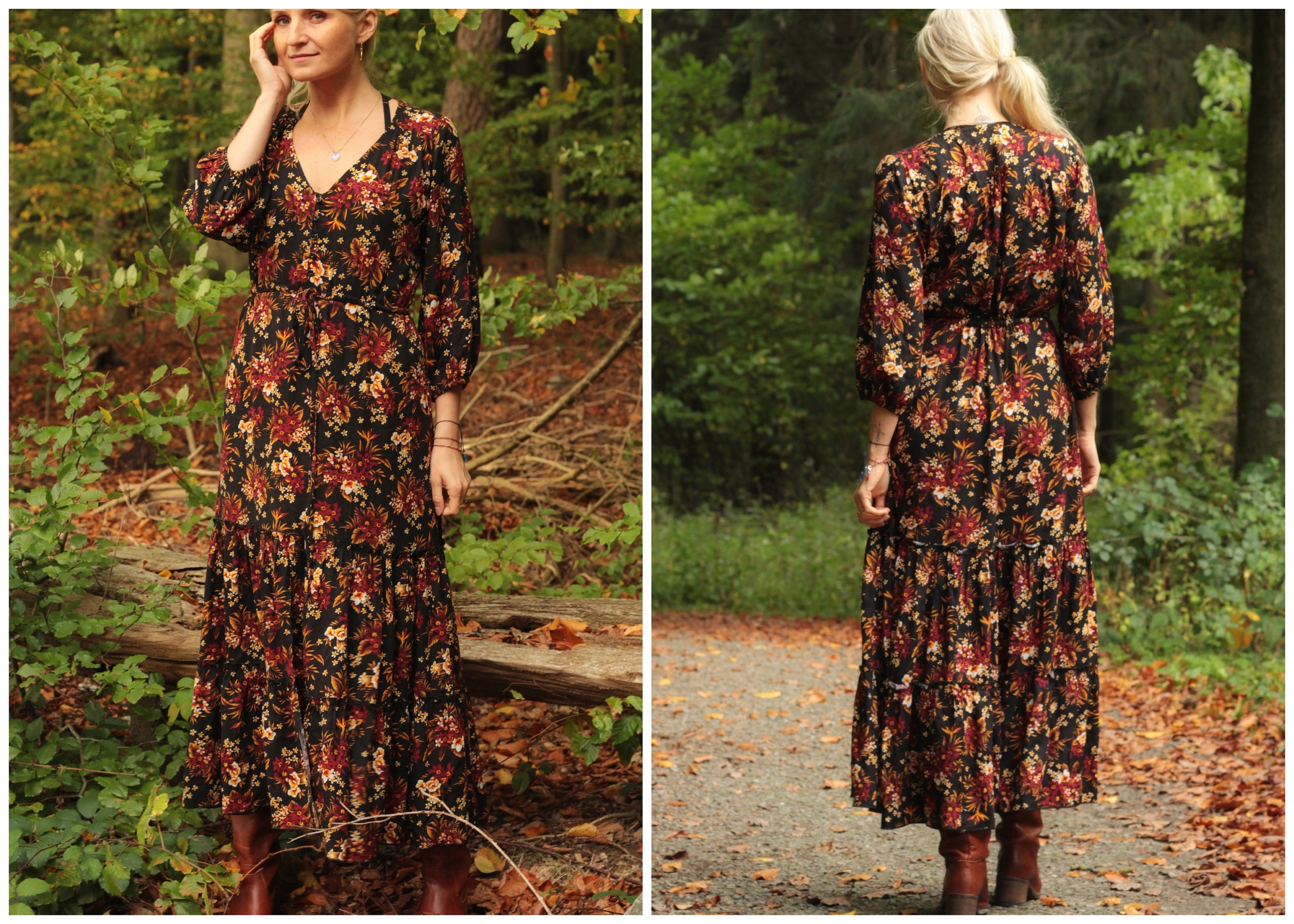 Black Boho Dress for Fall Winter, Midi Dress 3/4 Sleeves, Floral