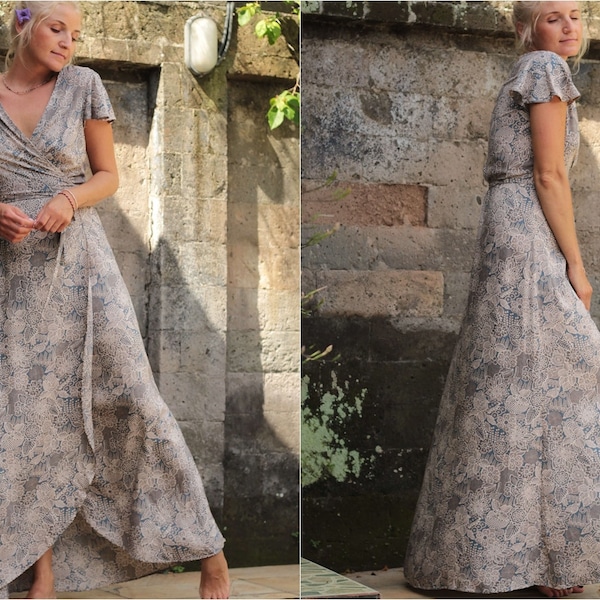 Maxi Wrap Dress Flowers Print, Boho Summer Dress Butterfly Sleeves, Bohemian Dress, Ibiza Dress, Floral Dress asymmetrical 34 / 36/ 38/ 40