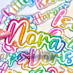 Custom Rainbow Sparkle Name Sticker - Water and Scratch Resistant - Perfect for Water Bottle or Laptop