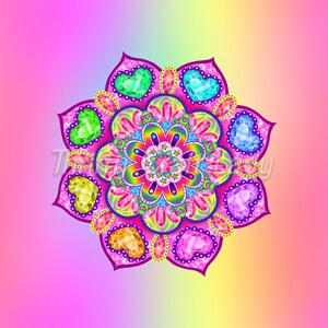 May include: A colorful mandala with a rainbow center and a border of pink hearts with jeweled accents. The hearts are in shades of green, blue, purple, yellow, and pink.
