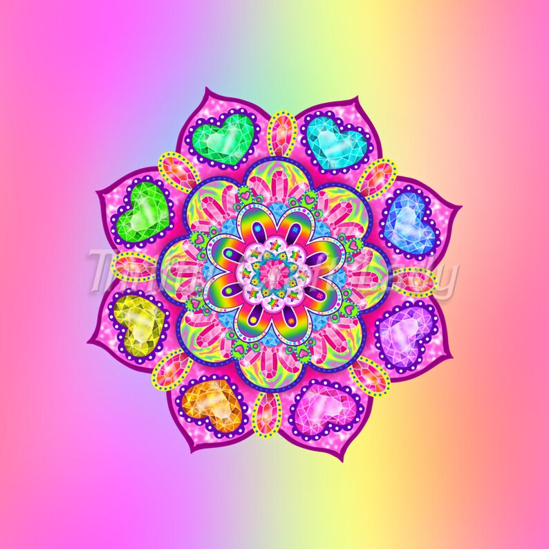 May include: A colorful mandala with a rainbow center and a border of pink hearts with jeweled accents. The hearts are in shades of green, blue, purple, yellow, and pink.