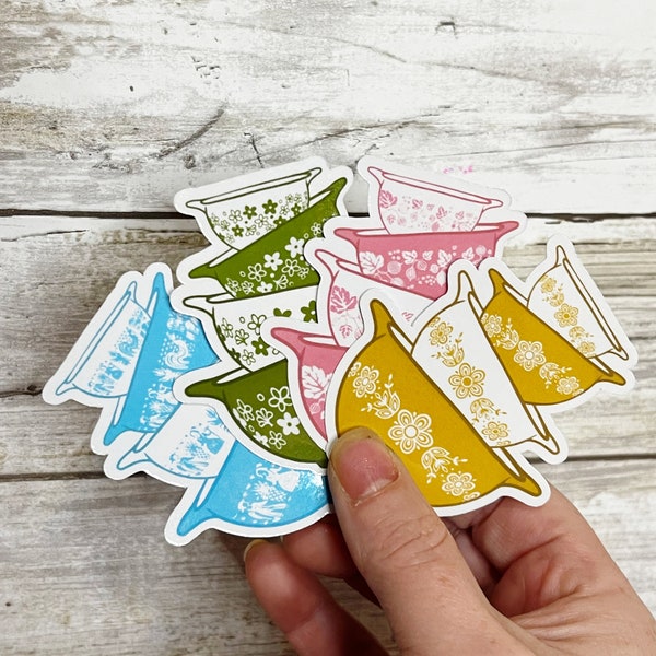 Pyrex Sticker/Magnet Pack - Includes Smaller Butterprint, Gooseberry, Spring Daisy and Butterfly Gold and Large Rainbow Stack