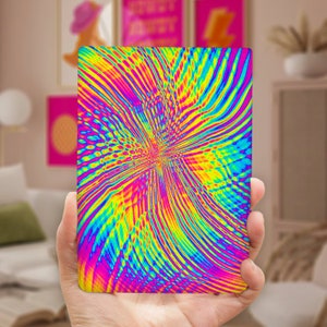May include: A colorful abstract design with a swirling pattern of yellow, blue, green, pink, and red.