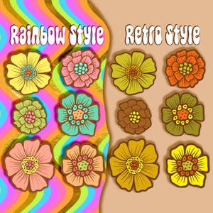 70&#39;s Style Rainbow Flower Sticker Pack Glitter Finish - 6 Flower Stickers - Water Resistant Stickers And Fridge Magnets