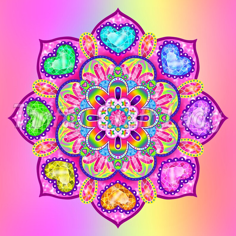 May include: A colorful mandala design with a pink background. The mandala features a central flower with rainbow colors and is surrounded by eight heart-shaped jewels in various colors.