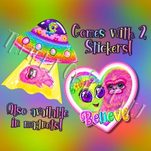 Baby Alien Abducting Bigfoot Sticker or Fridge Magnet Pack - Holographic and Rainbow  - Sasquatch