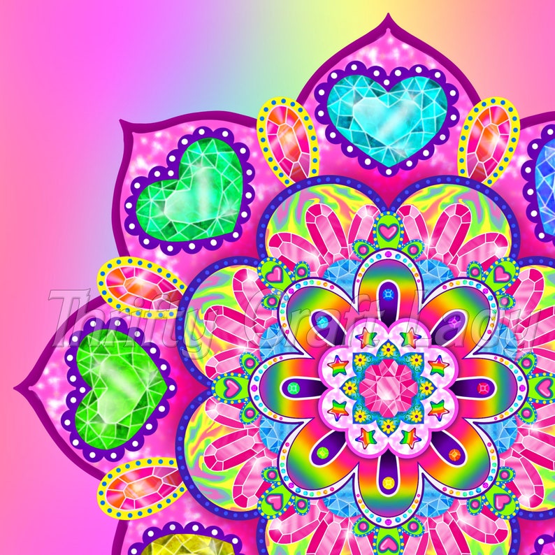 May include: A colorful mandala design with a pink background. The mandala features a central flower with rainbow colors and a green, blue, and pink heart design. The mandala is surrounded by a border of pink, green, and blue hearts.