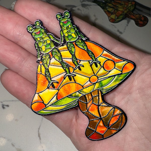 Mushroom and Frog Stained Glass Sticker - Water and Scratch Resistant