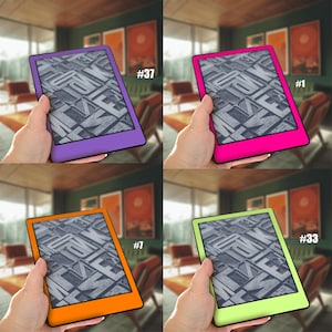 May include: Four different colored e-readers with a black and white patterned screen. The e-readers are purple, pink, orange, and green. The e-readers are all the same model and have the same screen.