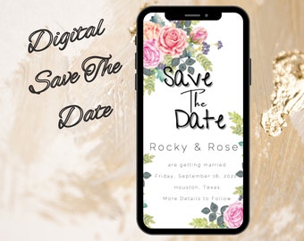 Foral Save The Date Evite, Electronic Roses Save The Date, Digital Download, Editable Canva Template, Text Message Evite, Wedding Card