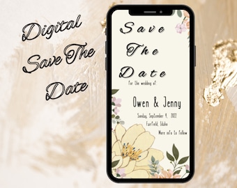 Floral Save The Date Evite, Electronic Save The Date, Digital Download, Editable Canva Template, Text Message Evite, Wedding Card With Photo