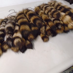 May include: Several fluffy, striped fur tails in shades of brown, black, and tan are displayed. The tails are hanging from black wire hangers, showcasing their natural patterns and textures. The tails are arranged on a white surface.