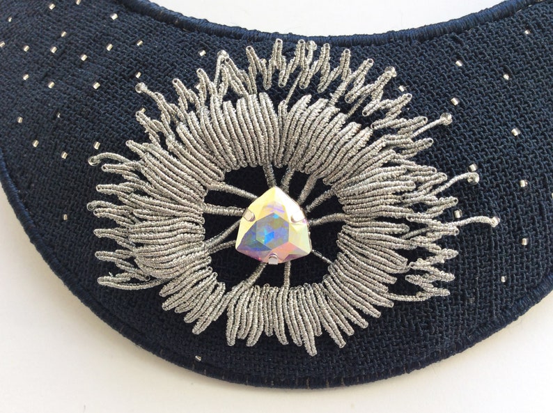 Bohemian style one of a kind necklace Blue Silver Bib necklace Boho Evening jewerly Statement necklace Small micro macrame Swarovsky