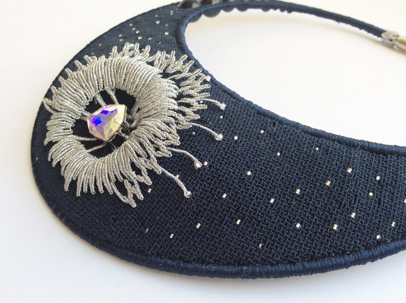 Bohemian style one of a kind necklace Blue Silver Bib necklace Boho Evening jewerly Statement necklace Small micro macrame Swarovsky