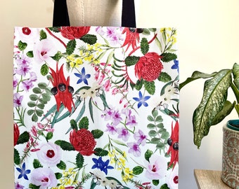Australian Native Floral Emblems Reusable Shopping Tote Bag Flora Washable Grocery Bag Made in Australia Eco Friendly Cotton Drill