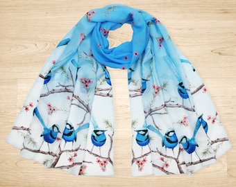 Australian Splendid Blue Fairy Wren Bird Scarf Chiffon Scarf Australia Gift Womens Blue Bird Scarf Australian Made Australiana