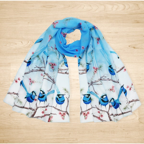 Australian Splendid Blue Fairy Wren Bird Scarf Chiffon Scarf Australia Gift Womens Blue Bird Scarf Australian Made Australiana