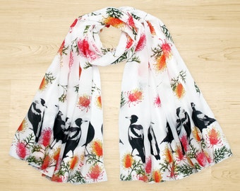 Australian Magpie chiffon scarf , Grevillea flower, Native Australian Bird gift scarf made in Western Australia Australiana