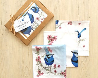 Handkerchief 3 pack | Splendid Blue Fairy Wren | Blue Wren Bird | Ladies Handkerchief | Australian Made Gifts | Australian Seller