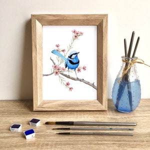 Australian Splendid Blue Fairy Wren Bird art, wall and home decor A5 or A4 print, Australian seller, Right
