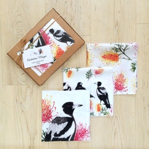 Handkerchief 3 pack Magpie and Grevilla Flowers Womens Australian Made Gifts