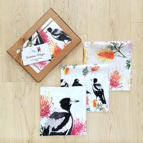 Handkerchief 3 pack Magpie and Grevilla Flowers Womens Australian Made Gifts