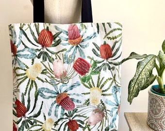 Australian Banksia Reusable Shopping Tote Bag Flora Washable Grocery Bag Made in Australia Eco Friendly Cotton Drill