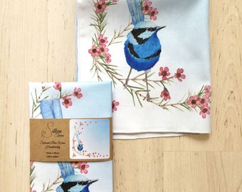 Handkerchief Women's single Hankie Blue Fairy Wren Birds Ladies Handkerchief Australia Bird Handkerchief Hanky Australianacorner wren