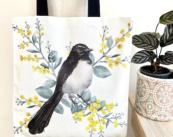 Australian Willie Wagtail Bird Reusable Shopping Tote Bag Native Flora Washable Grocery Bag Made in Australia Eco Friendly Cotton Drill