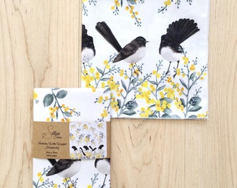 Handkerchief Women's single Hankie | Australian Willie Wagtail and Silver Wattle | Ladies Handkerchief | Australian themed gift