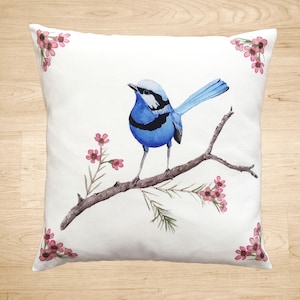 Splendid Blue Wren cushion cover cotton drill , Throw Pillow cover, Australian Native Large single bird