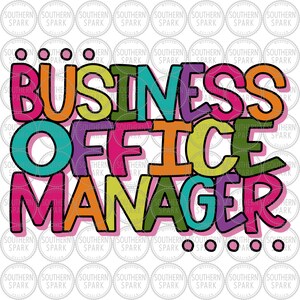 以下が含まれることがあります： 「Business Office Manager」という単語が、さまざまな色とフォントで書かれたカラフルなテキストアート。テキストは黒で縁取られ、ピンクの影がついている。