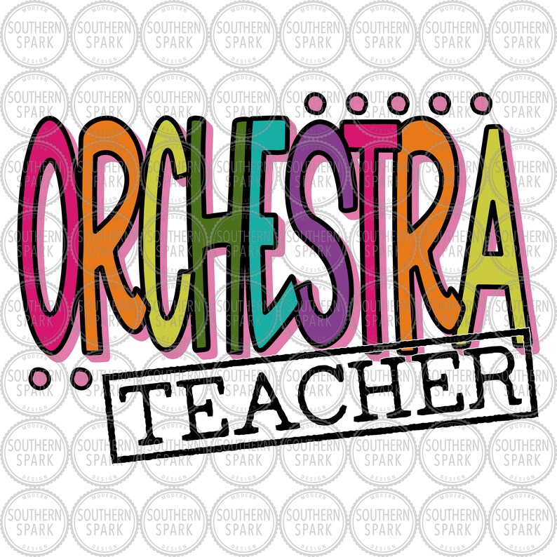 May include: A colorful graphic design with the text "ORCHESTRA TEACHER" in a bold black outline. The word "ORCHESTRA" is in a rainbow of colors, with each letter in a different color. The word "TEACHER" is in black and white and is enclosed in a black rectangle.
