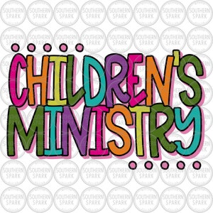 May include: Colorful text graphic that reads "Children's Ministry" with a black outline and a white background.