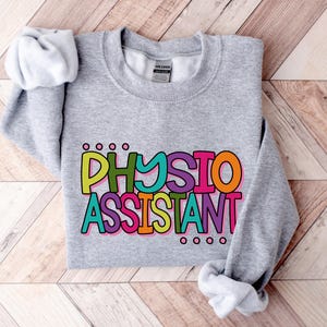 May include: Gray sweatshirt with the text "Physio Assistant" in colorful letters. The letters are outlined in black and have a playful, hand-drawn style.