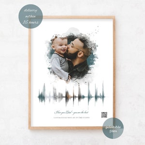 Father's Day Gift, Personalized Sound Wave Art with integrated Photo and QR code, Last minute gift Idea