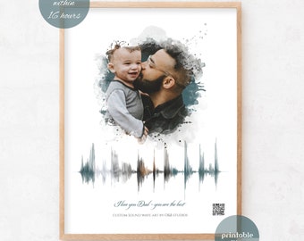 Father's Day Gift, Personalized Sound Wave Art with integrated Photo and QR code, Last minute gift Idea