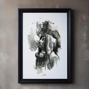 May include: Black and white ink drawing of a person wearing a hooded sweatshirt, looking up. The drawing is surrounded by black ink splatters.