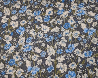 Blue Floral on Grey Print 100% Cotton Poplin Fabric by the Metre, Half Metre or FQ, flowers, Floral fabric