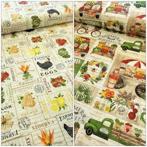 Pode incluir: Um tecido bege com um padrão repetido de um mercado de agricultores. O padrão inclui ilustrações de produtos frescos, flores, uma galinha, uma bicicleta e um caminhão. O texto "Farmers Market" é repetido em todo o padrão.